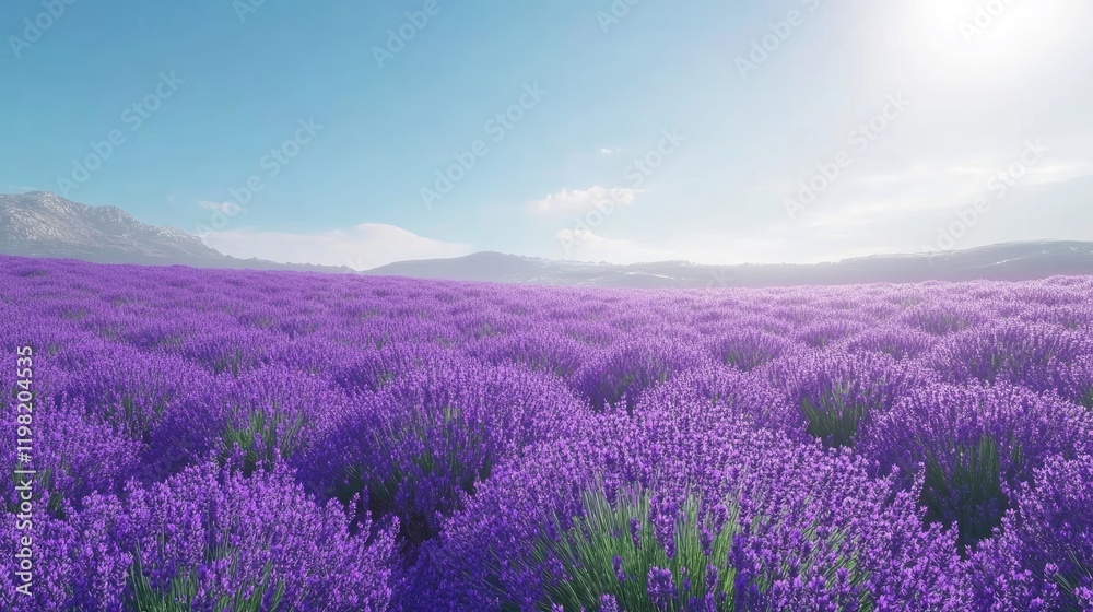 A lush violet field of lavender under a clear blue sky, capturing the vibrant hue. A lush violet field of lavender under a clear blue sky, capturing the vibrant hue.