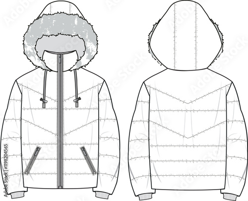 Unisex Hooded Puffer Coat. Technical fashion illustration. Front and back, white color. Unisex CAD mock-up.