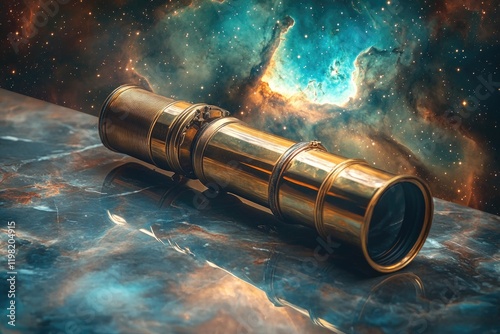 Antique brass telescope rests on a dark marble surface, against a backdrop of a vibrant nebula.