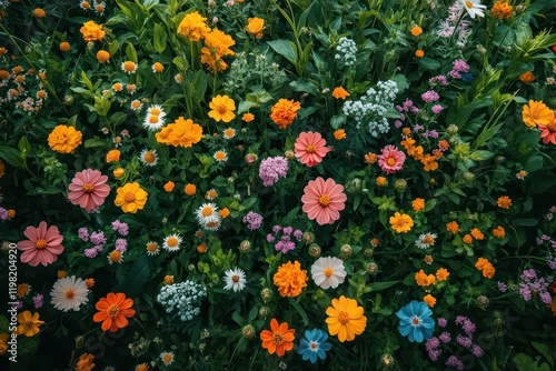 aerial view of vibrant wildflower meadow, diverse colorful blooms scattered through emerald grass, creating natural patterns