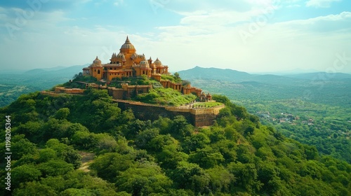 A majestic view of Chamundi Temple perched atop a hill, surrounded by lush greenery and a clear blue sky. photo