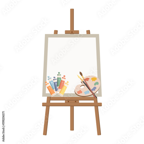 Painting easel with palette, paints, brushes and canvas. Art studio design. Flat illustration