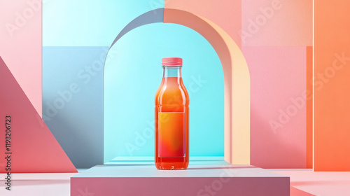 a mockup of a beverage bottle standing on a flat surface with a minimalist design background