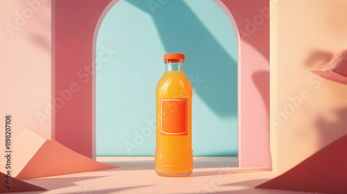 a mockup of a beverage bottle standing on a flat surface with a minimalist design background