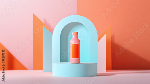 A pink bottle replica with an orange label is placed on stage.