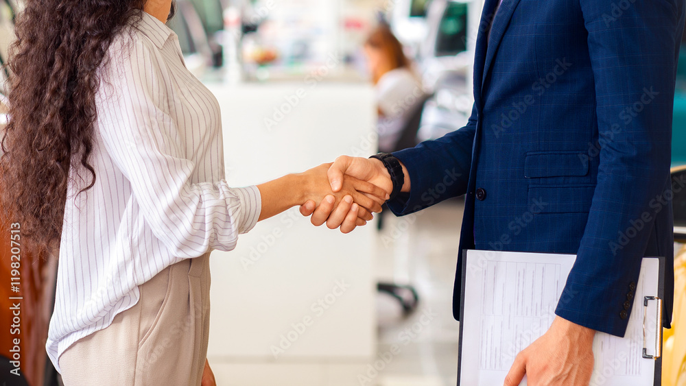Obraz premium Cheerful sales assistant in formal outfit greeting pretty brunette lady customer, shaking hands and smiling at each other, huge salon of luxury automobiles interior. Curly woman buying new auto