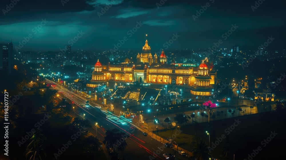 Fototapeta premium A nighttime shot of Vidhana Soudha with colorful lights illuminating its structure, creating a festive ambiance.