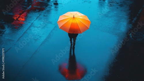 Person walking in rain with umbrella reflecting in puddle. photo