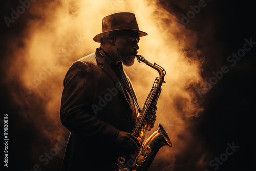 Timeless black-and-white portrait of a jazz musician, illuminated by a single vintage spotlight, dramatic shadows. and minimalist background. photo