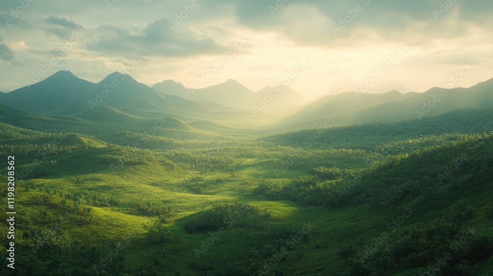 Fototapeta premium A panoramic view of Nagercoil's lush green hills at sunrise, casting a warm glow over the landscape.
