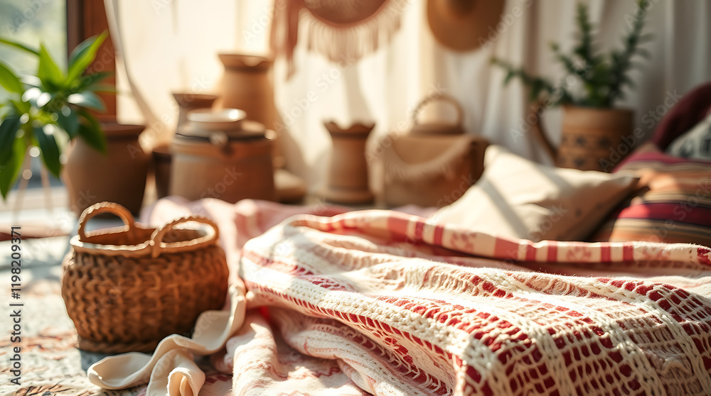 Cozy Boho Home Decor: Sunlit Room with Knitted Throw Blanket and Woven Baskets Cozy Boho Home Decor: Sunlit Room with Knitted Throw Blanket and Woven Baskets