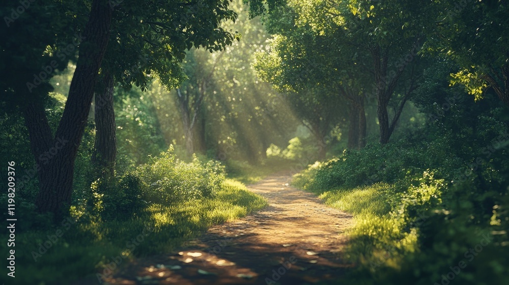 Obraz premium A peaceful forest path surrounded by tall trees, dappled sunlight filtering through the leaves and illuminating the ground.