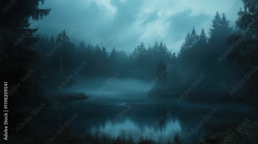Misty morning in the forest, serene and blue. Misty morning in the forest, serene and blue.