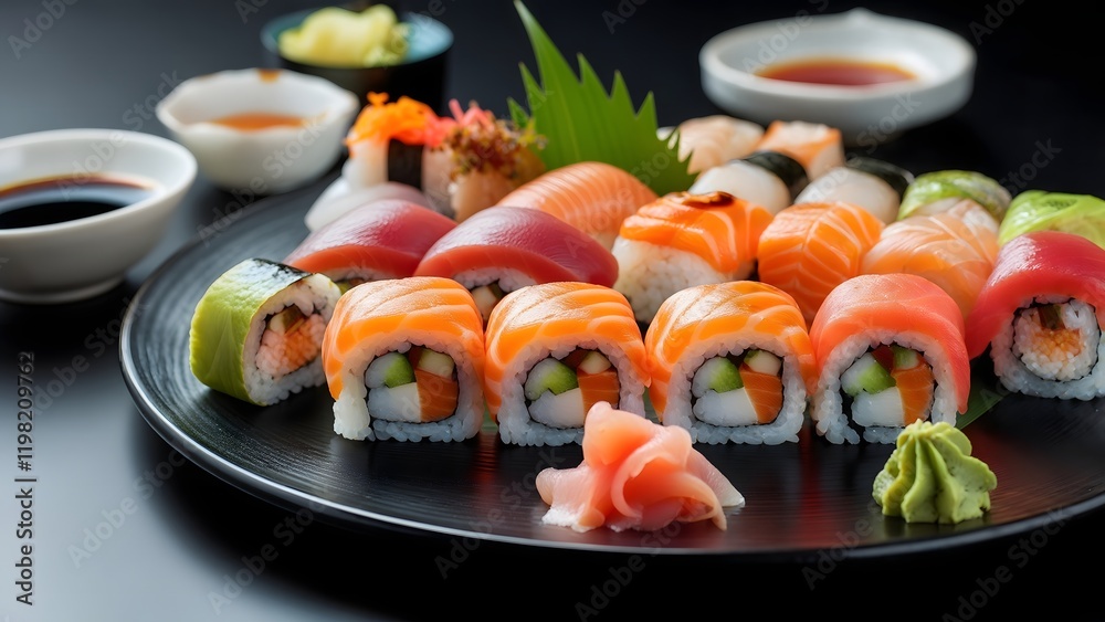Assorted Sushi Rolls, sashimi with Soy Sauce, Wasabi, and Pickled Ginger on Black Plate Assorted Sushi Rolls, sashimi with Soy Sauce, Wasabi, and Pickled Ginger on Black Plate
