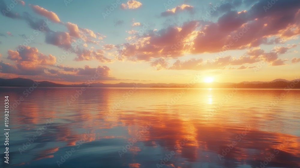 Naklejka premium A peaceful sunset view over a calm lake, with reflections of colorful clouds on the water's surface.
