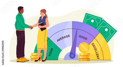 Credit score meter. Man and woman near credit indicator. Excellent, good, average or poor rating in bank. Debt, credit and mortgage. Banking deal. Flat vector illustration