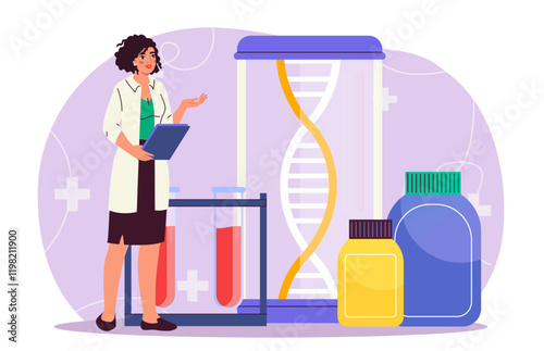 Doctor examines dna. Woman in medical uniform near dna molecule. Healthcare and medicine. Scientist in laboratory researching reagents in flasks. Flat vector illustration