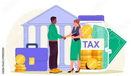 People near bank. Man and woman shake hands near bank building. Briefcase and jar with gold coins. Financial literacy and passive income. Deal and agreement. Flat vector illustration