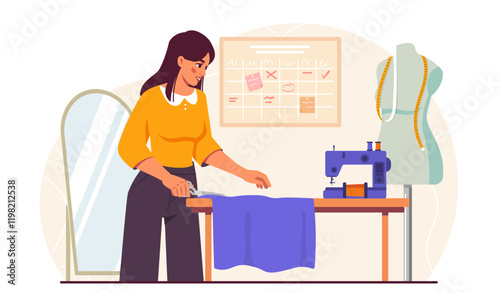 Fashion designer in studio. Woman with piece of fabric near sewing machine. Fashion, trend and style. Seamstress or tailor in workshop. Clothing factory. Flat vector illustration