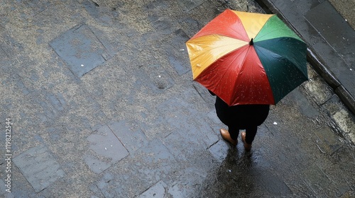 Person with colorful umbrella in rainy street. photo