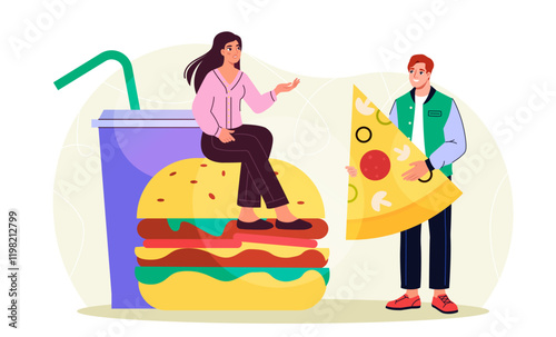 People with fast food. Man and woman with piece of pizza and hamburger near large cup of soda. Unhealthy and fatty eating. Fastfood and takeaway eating. Flat vector illustration