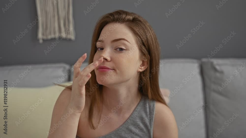 Redhead woman applying skincare product while sitting on a couch in a cozy living room with grey walls and soft cushions Redhead woman applying skincare product while sitting on a couch in a cozy living room with grey walls and soft cushions