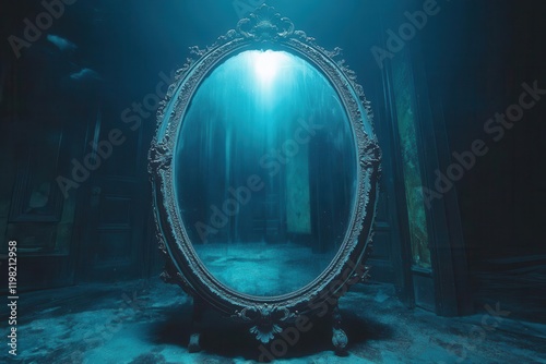 ancient ornate mirror in abandoned mansion reflecting supernatural entities, gothic horror atmosphere, dark fantasy
