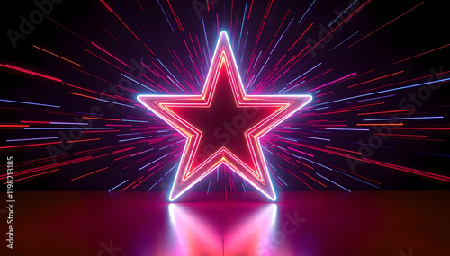 A mesmerizing neon star radiates vibrant light beams, set against a sleek background, creating a dynamic and futuristic motion effect in vivid detail