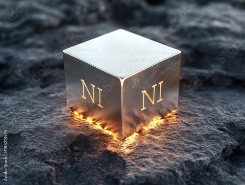 Hyper-realistic Nickel Element Block with Polished Metallic Sheen and Engraving