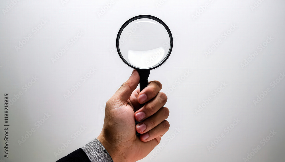 A hand holds a black-handled magnifying glass with a clear lens against a white background, emphasizing the tool’s clarity and focus. Perfect for illustrating examination, investigation, or analysis. A hand holds a black-handled magnifying glass with a clear lens against a white background, emphasizing the tool’s clarity and focus. Perfect for illustrating examination, investigation, or analysis.