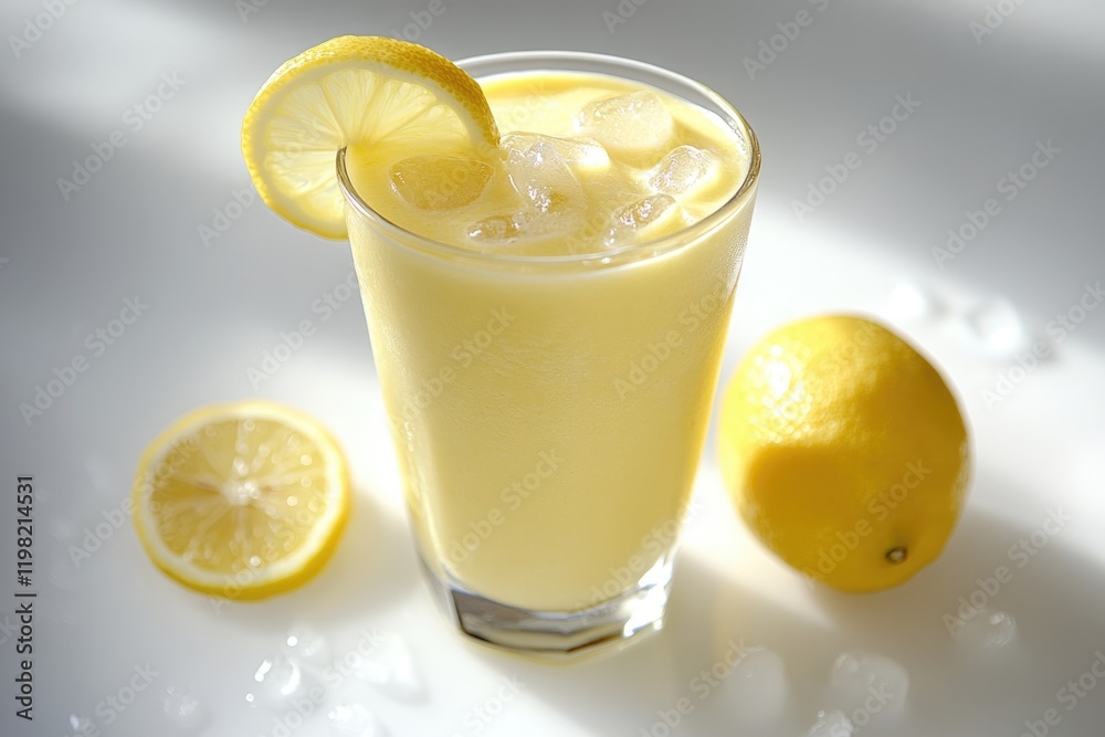 Refreshing lemon smoothie in a glass with ice cubes and lemon slices. Refreshing lemon smoothie in a glass with ice cubes and lemon slices.