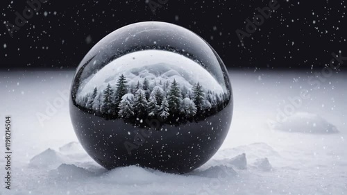 Crystal ball, snowball with snowy Christmas tree inside. Animation of christmas snowflakes falling over snow globe on blured background. 4K Video
