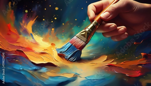 Artists Creative Expressions Skilled Hands Wielding a Paint Brush, Diligently Bringing a Vibrant Artwork to Life on Canvas. photo