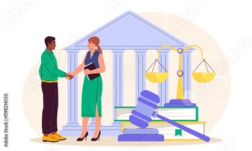 Lawyers near courthouse. Man and woman shake hands near courthouse and judges gavel. Justice and judgement. Legal support of deals. Notary and lawyer. Flat vector illustration