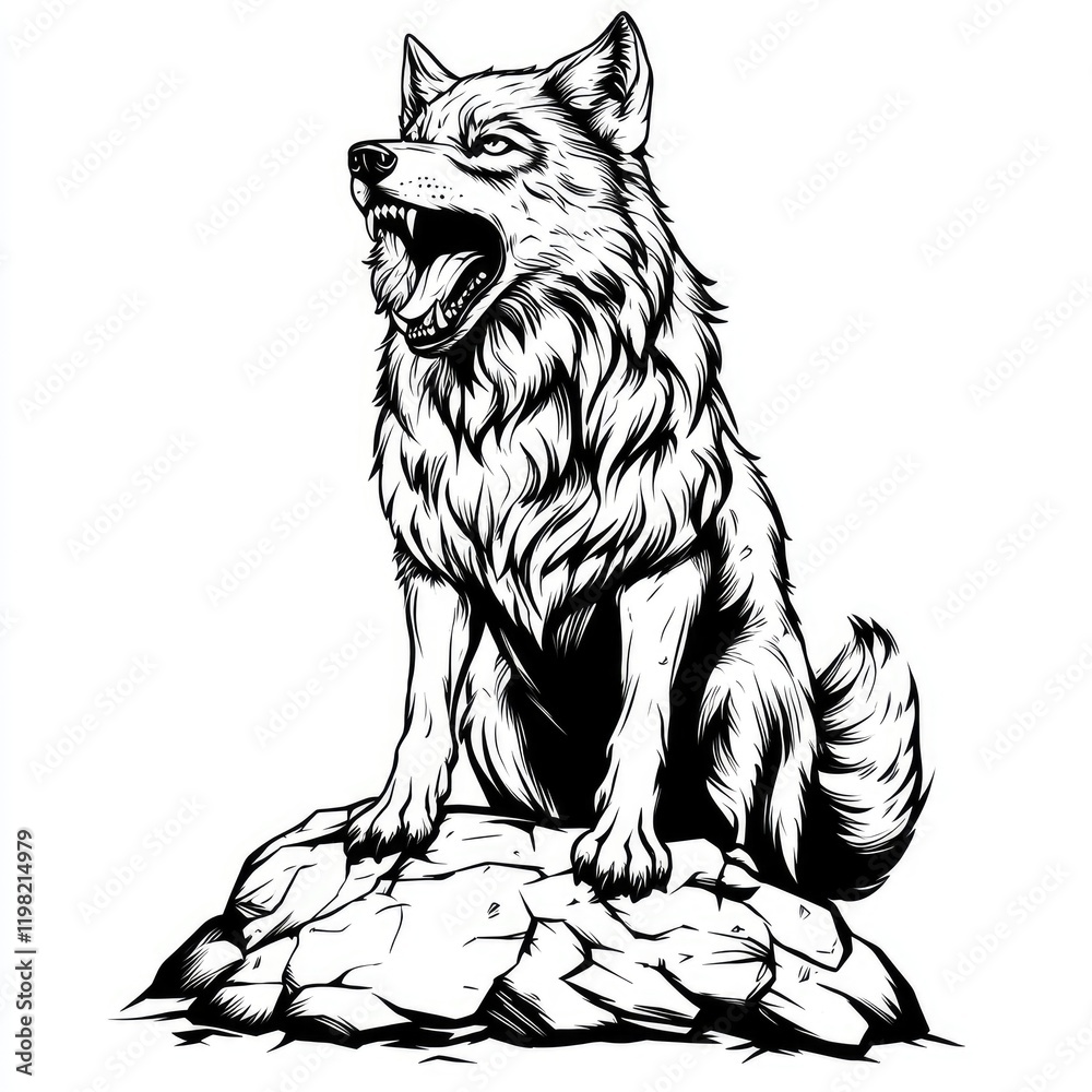 Obraz premium Majestic Howling Wolf: A Black and White Ink Drawing of a Wolf Sitting on a Rock