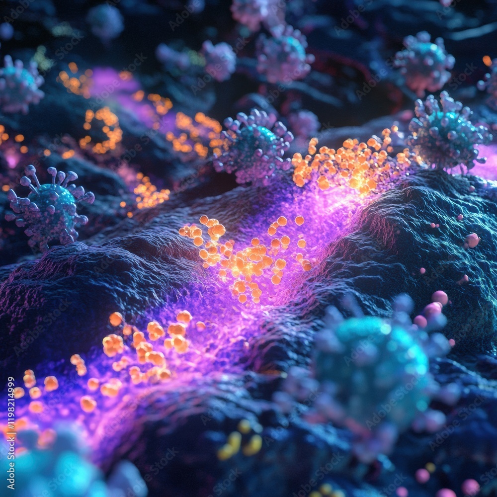 Obraz premium Close up view of molecular interactions between microbes showcasing complex networks in vibrant colors. Generative AI