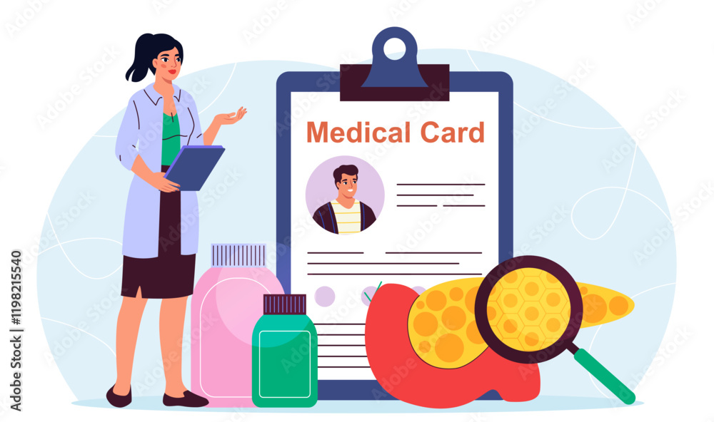 Naklejka premium Doctor with medical card. Woman in medical uniform with magnifying glass examines liver. Healthcare and medicine. Diagnosis and treatment. Bottles with pills. Flat vector illustration