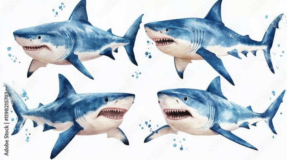 Fototapeta premium Watercolor illustration of a group of sharks on a white background
