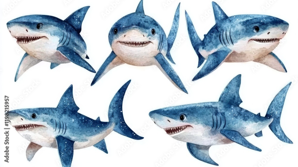 Obraz premium Watercolor illustration of a group of sharks on a white background