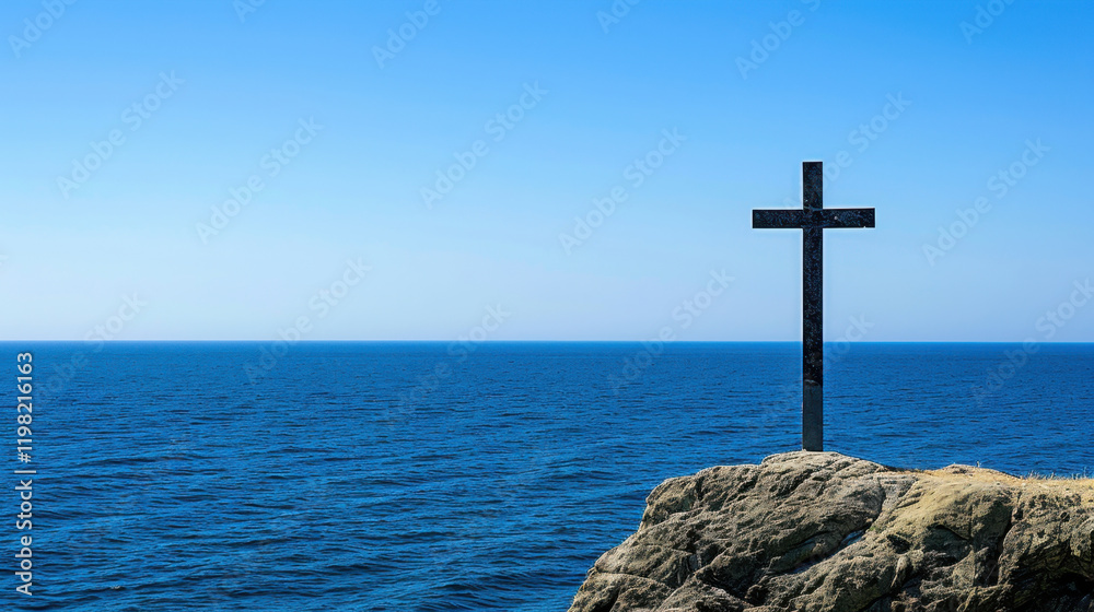 solitary cross stands on rocky cliff overlooking vast ocean, symbolizing peace and reflection against clear blue sky solitary cross stands on rocky cliff overlooking vast ocean, symbolizing peace and reflection against clear blue sky