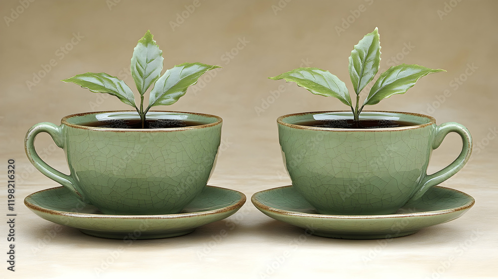 Tea plant sprouts in green cups, studio shot, beige background, beverage concept Tea plant sprouts in green cups, studio shot, beige background, beverage concept