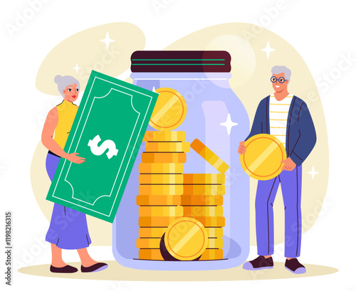 Elderly people with pension. Grandfather and grandmother near glass jar with golden coins and banknote. Financial literacy and savings. Accounting and budgeting. Flat vector illustration