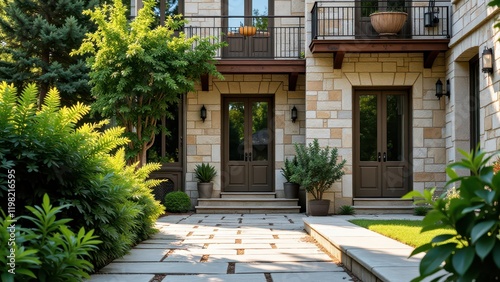 Beige-stone building graced with inviting brown double doors; wooden balconies perch above, framed by sleek black metal railings. A concrete pathway leads to its welcoming facade, hinting at stories w photo