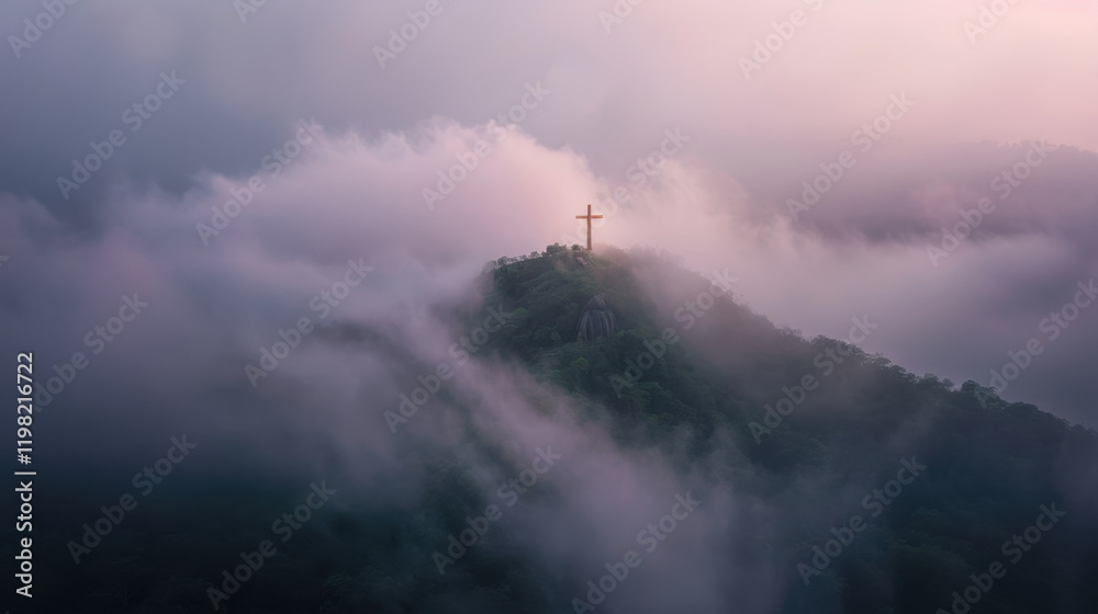 Fototapeta premium serene landscape featuring large cross atop misty hill, surrounded by soft clouds and tranquil atmosphere. scene evokes sense of peace and spirituality