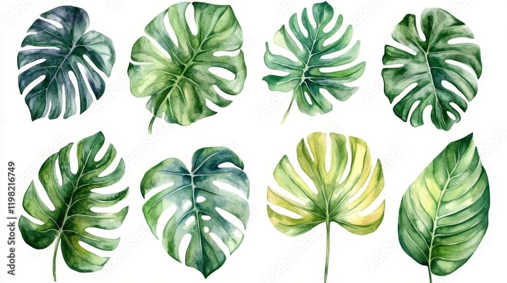 Watercolor monstera leaves set isolated on white background. Hand drawn illustration