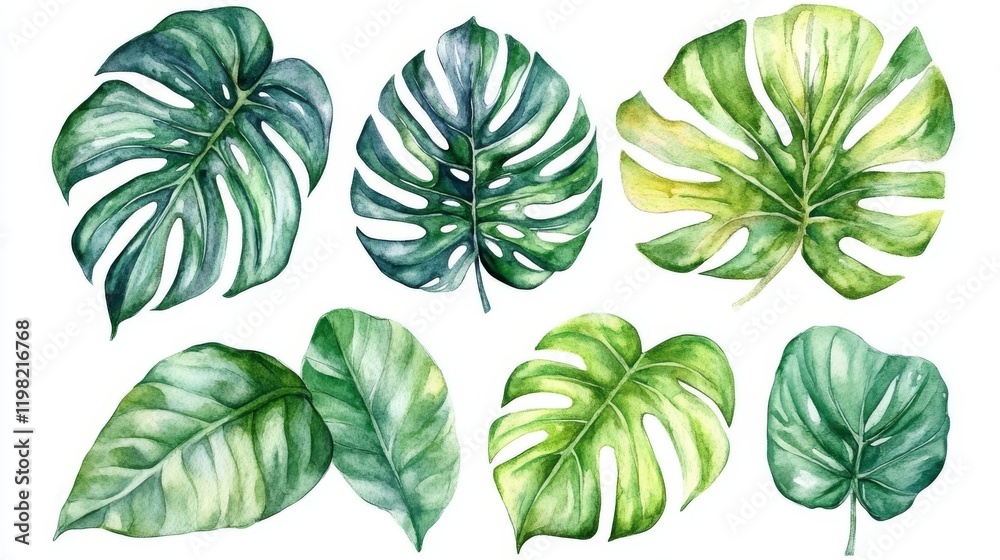 Watercolor monstera leaves set isolated on white background. Hand drawn illustration Watercolor monstera leaves set isolated on white background. Hand drawn illustration