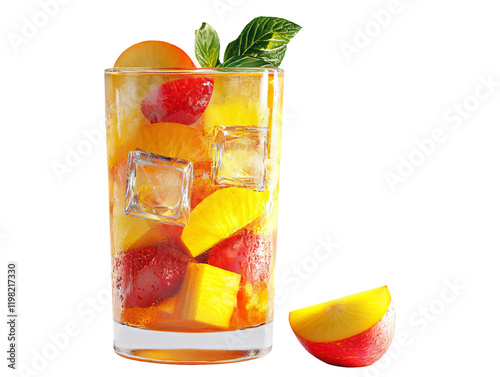 Refreshing Fruit Juice with Ice Cubes in a 3D Rendered Glass