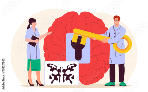 Team of psychologists. Woman and man in medical uniform with key open brain. Taking care of mental and psychological health. Mindfulness and awareness. Flat vector illustration
