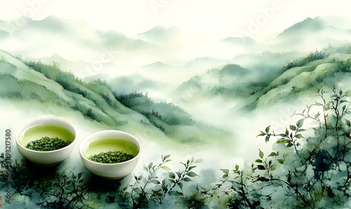 Misty mountain teacups, serene landscape, calm, packaging