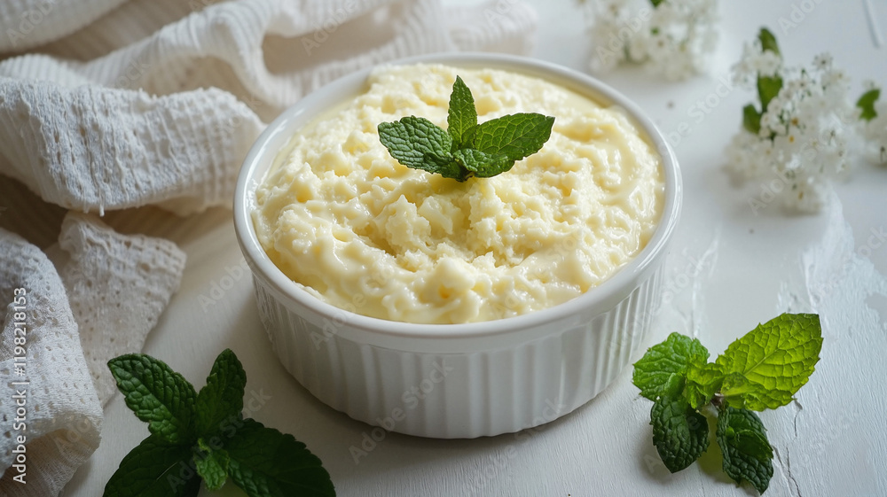 Creamy lemon soufflé served in a white ramekin garnished with fresh mint leaves Creamy lemon soufflé served in a white ramekin garnished with fresh mint leaves